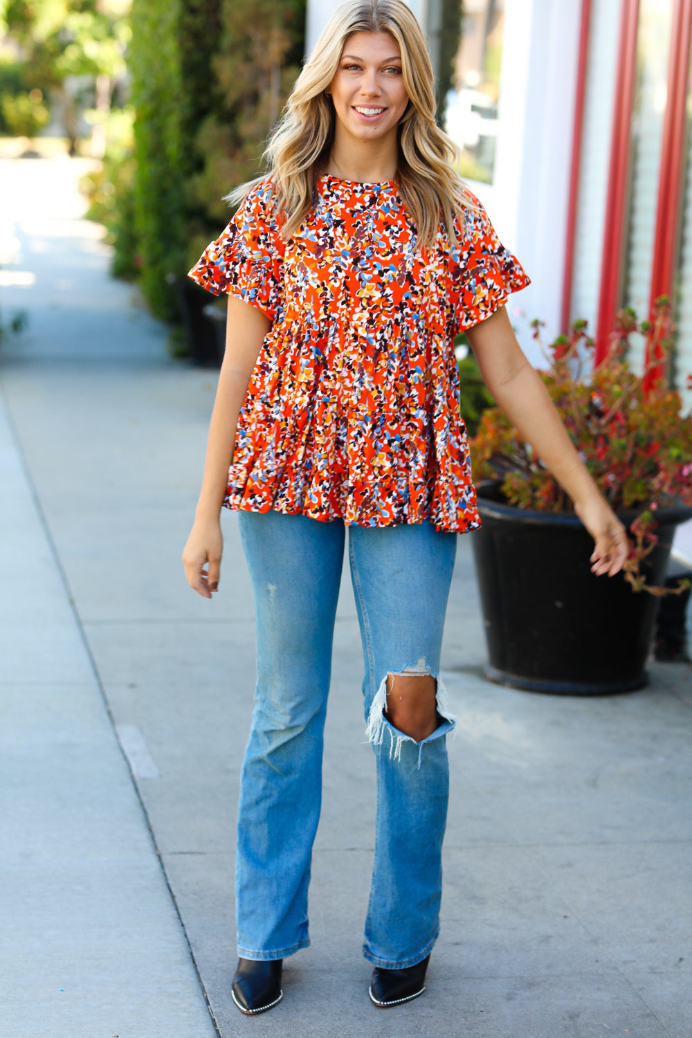 Rust Floral Ruffle Hem Tiered Top