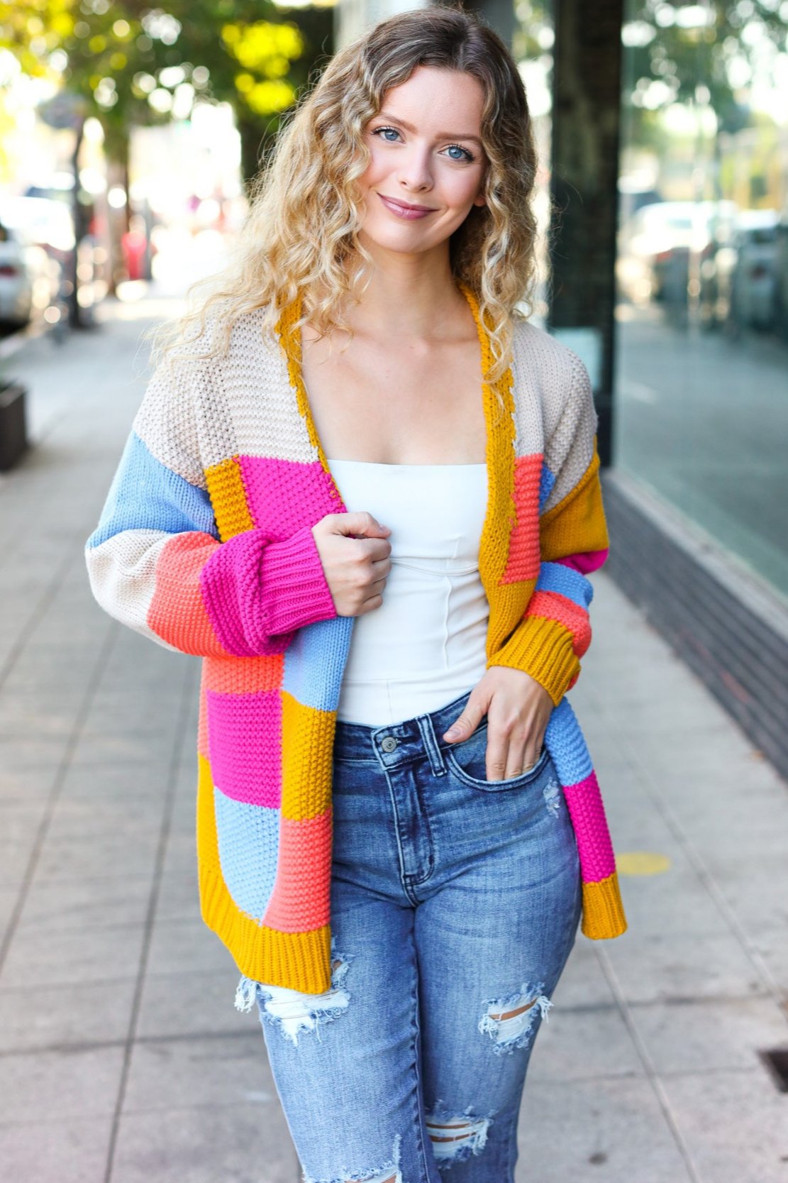 Multicolor Chunky Knit Color Block Patchwork Cardigan