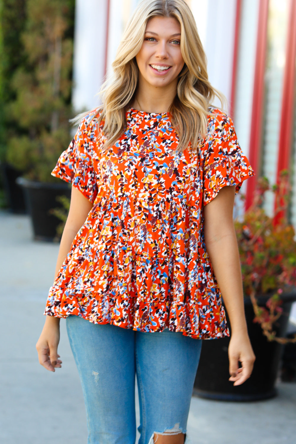 Rust Floral Ruffle Hem Tiered Top