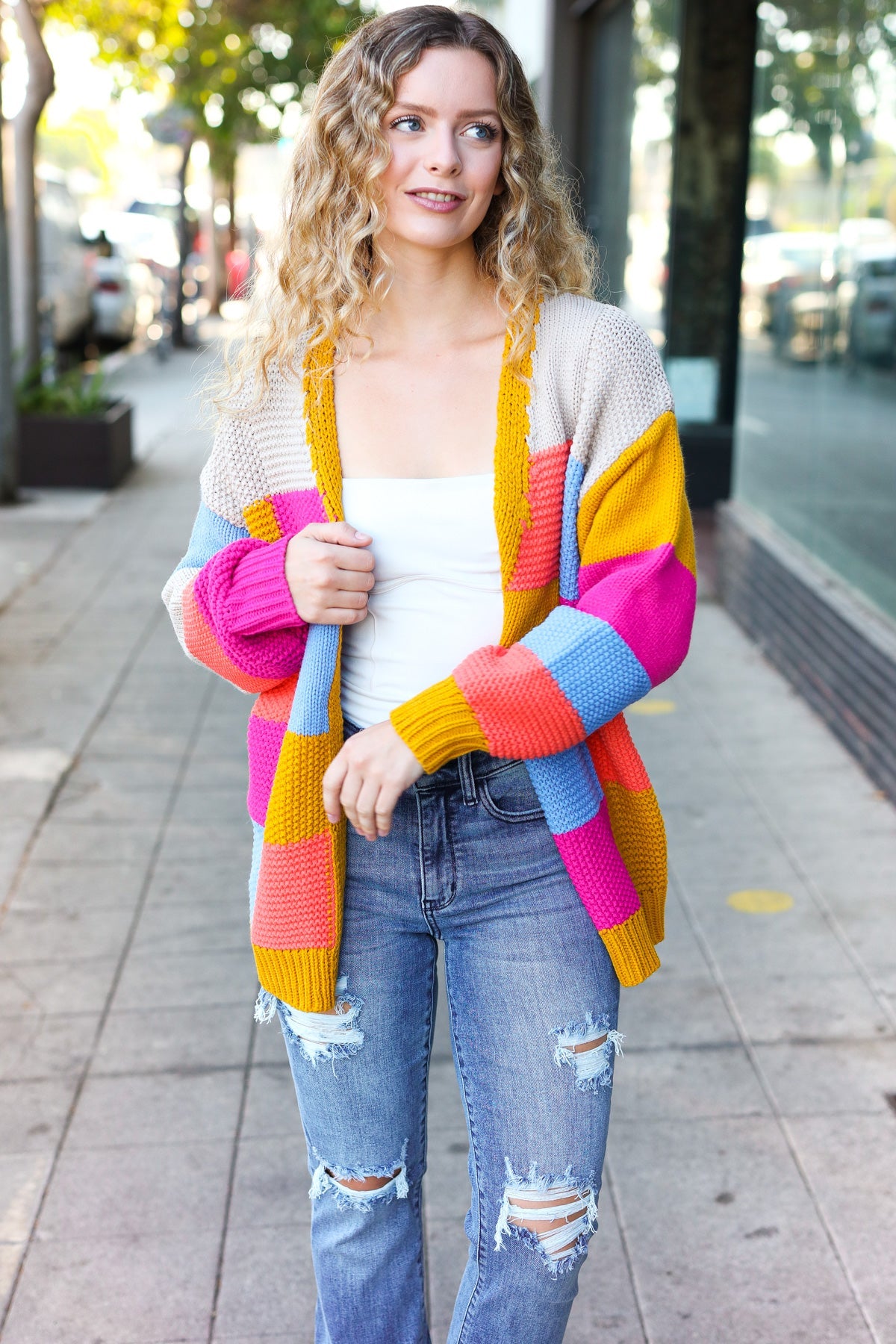 Multicolor Chunky Knit Color Block Patchwork Cardigan