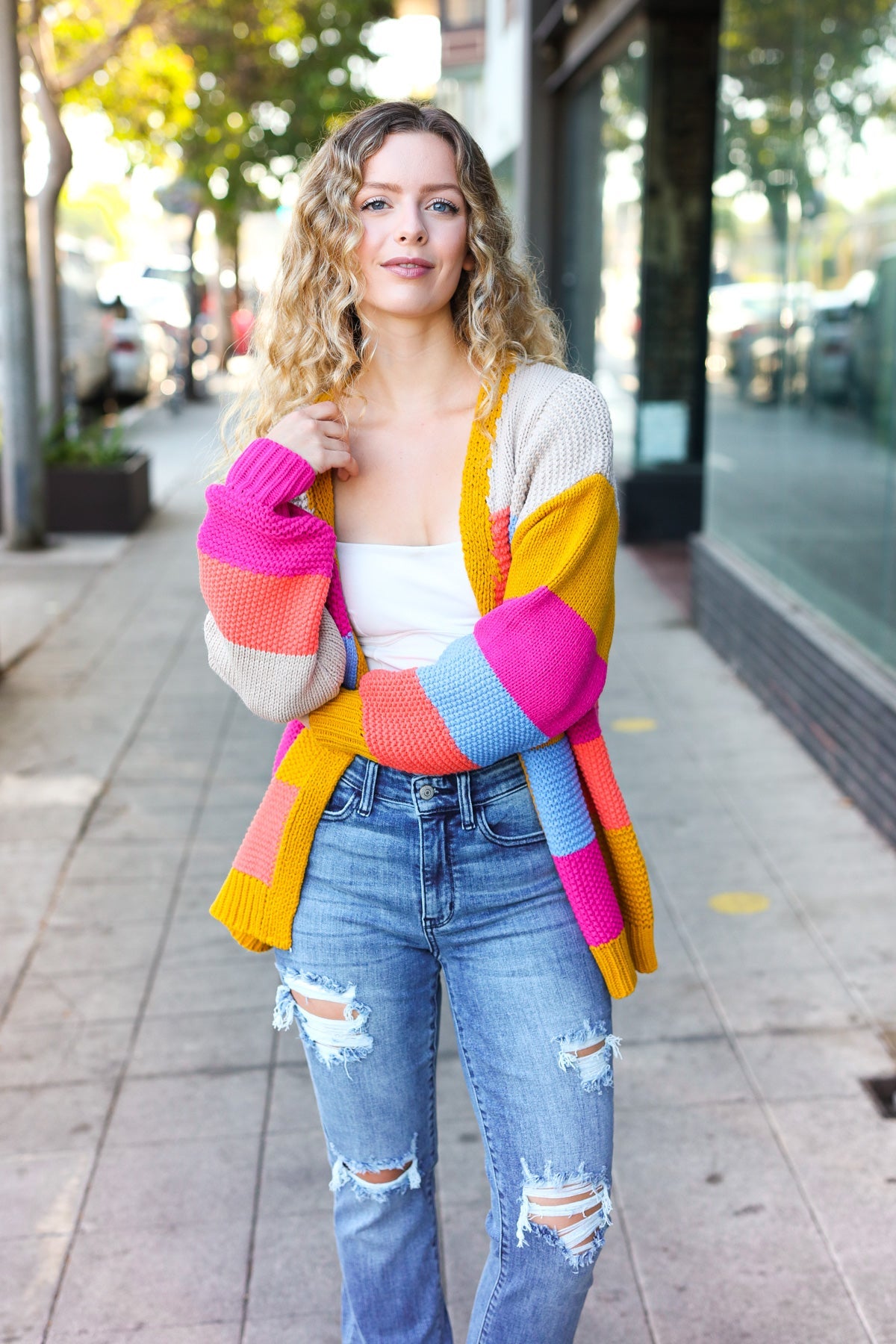 Multicolor Chunky Knit Color Block Patchwork Cardigan