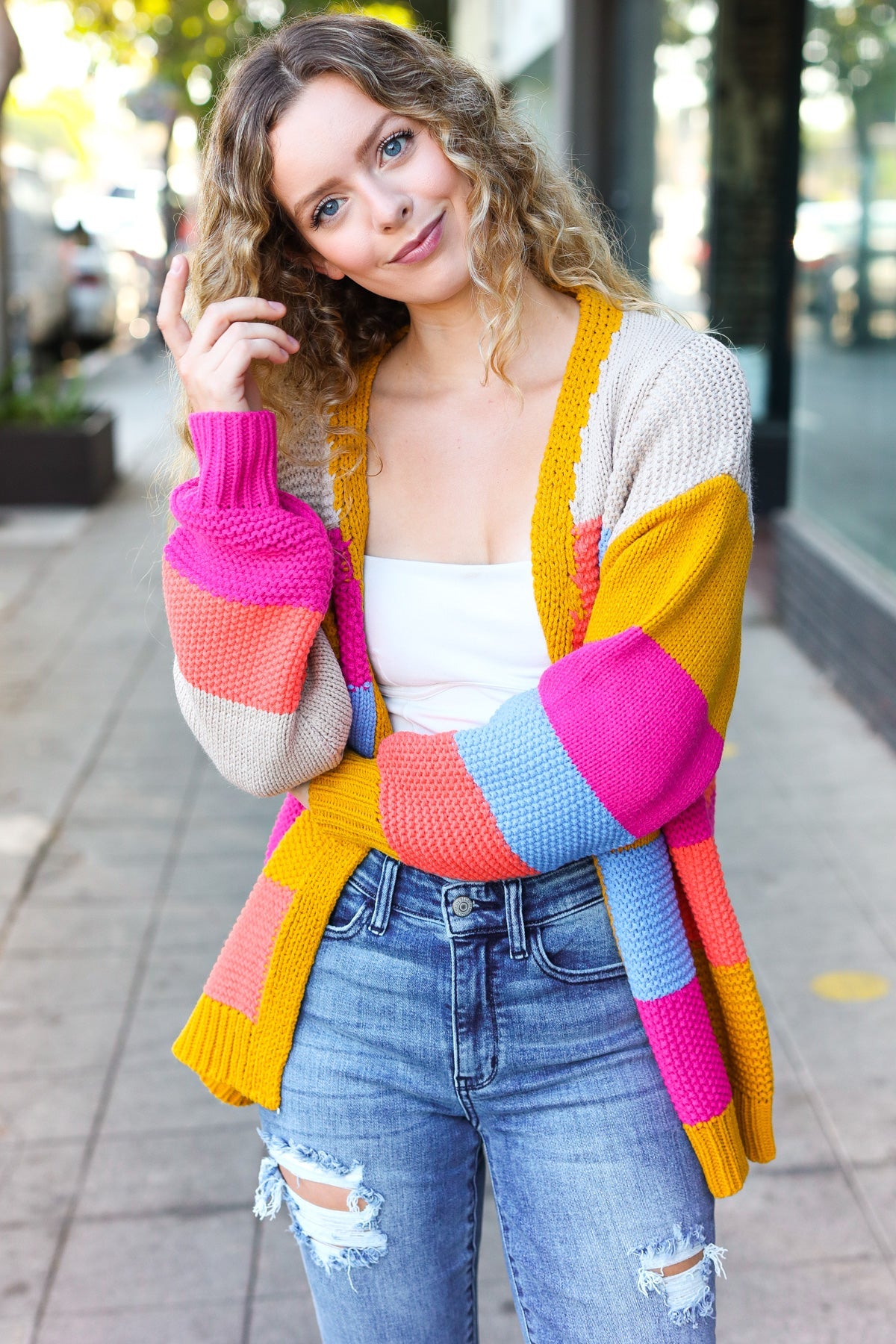 Multicolor Chunky Knit Color Block Patchwork Cardigan