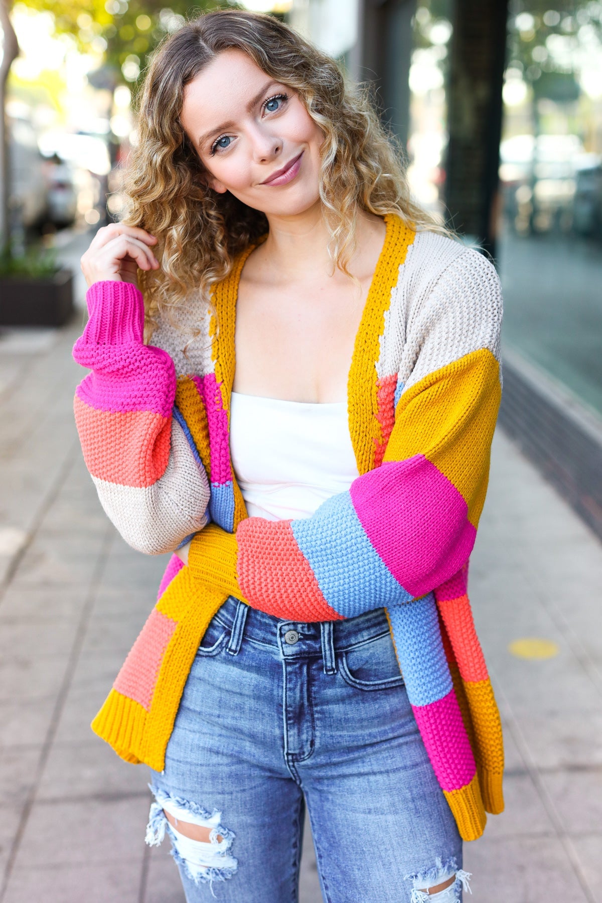 Multicolor Chunky Knit Color Block Patchwork Cardigan