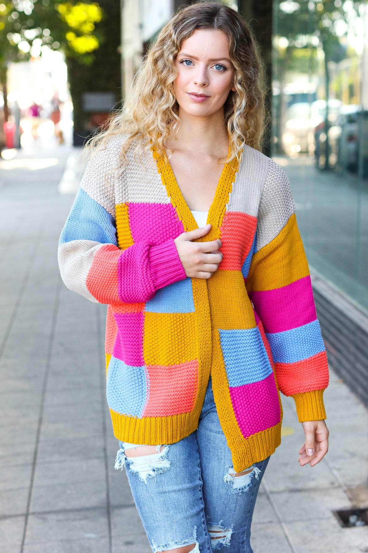 Multicolor Chunky Knit Color Block Patchwork Cardigan