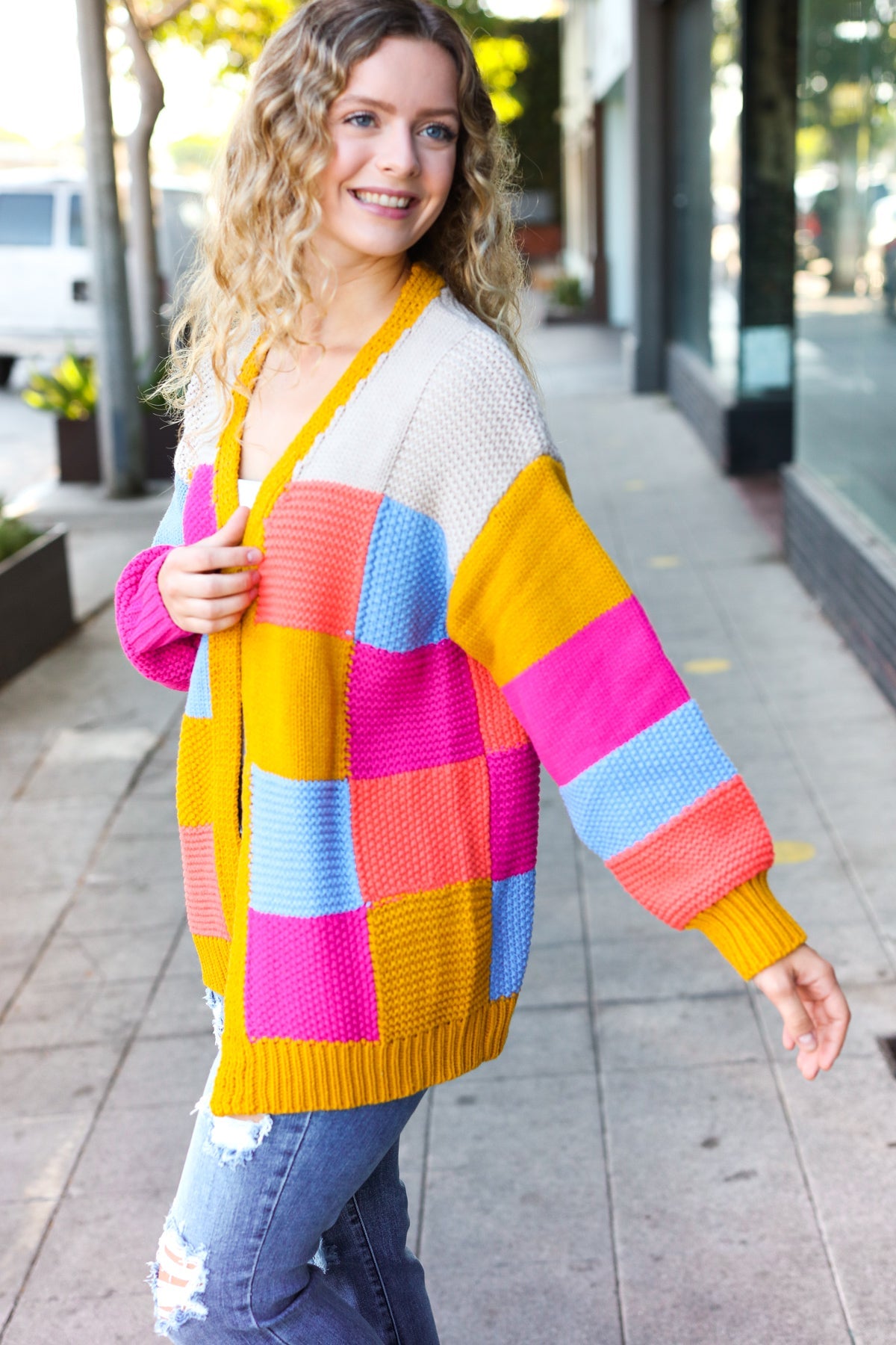 Multicolor Chunky Knit Color Block Patchwork Cardigan