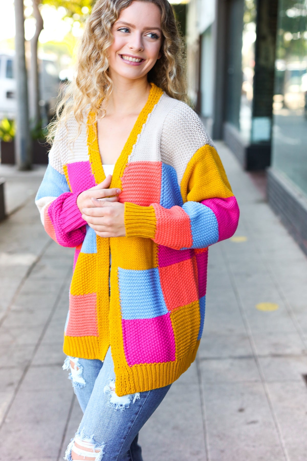 Multicolor Chunky Knit Color Block Patchwork Cardigan