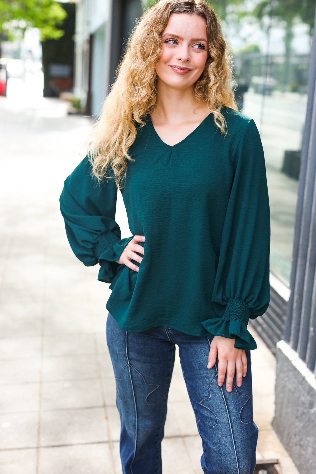 Hunter Green Smocked Bubble Sleeve Woven Top