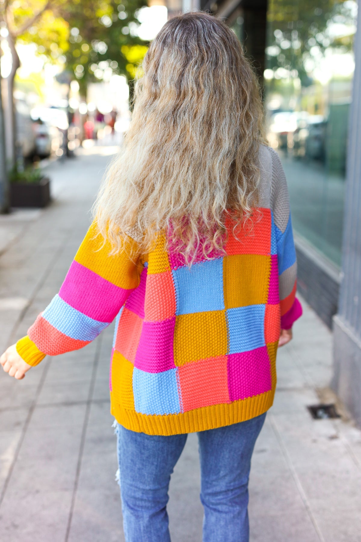 Multicolor Chunky Knit Color Block Patchwork Cardigan