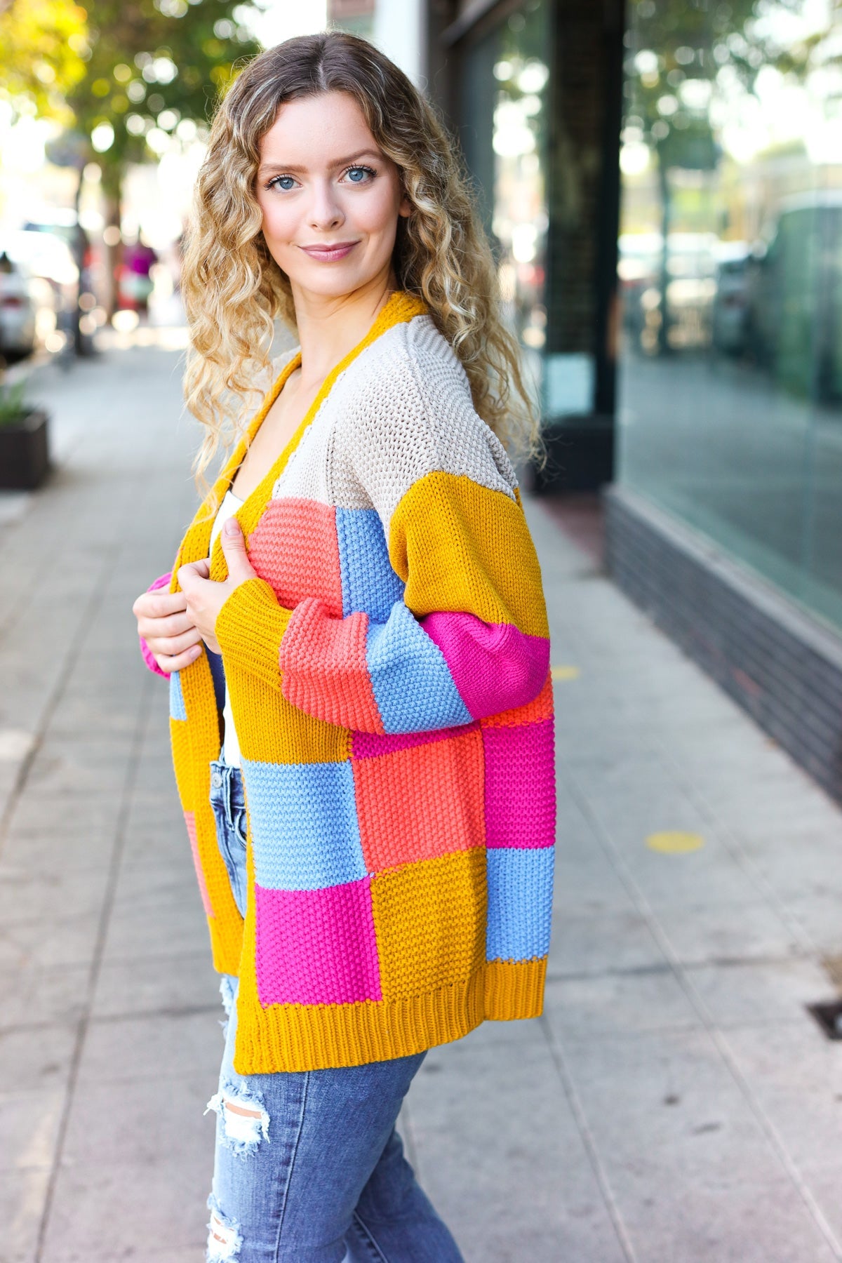 Multicolor Chunky Knit Color Block Patchwork Cardigan