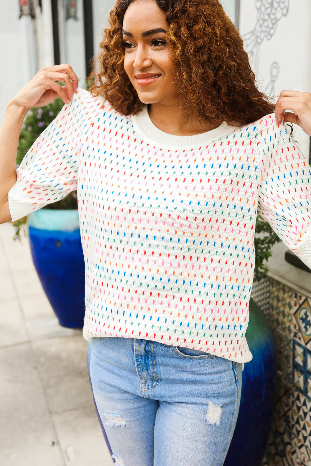 Ivory & Multicolor Dots Bubble Sleeve Sweater