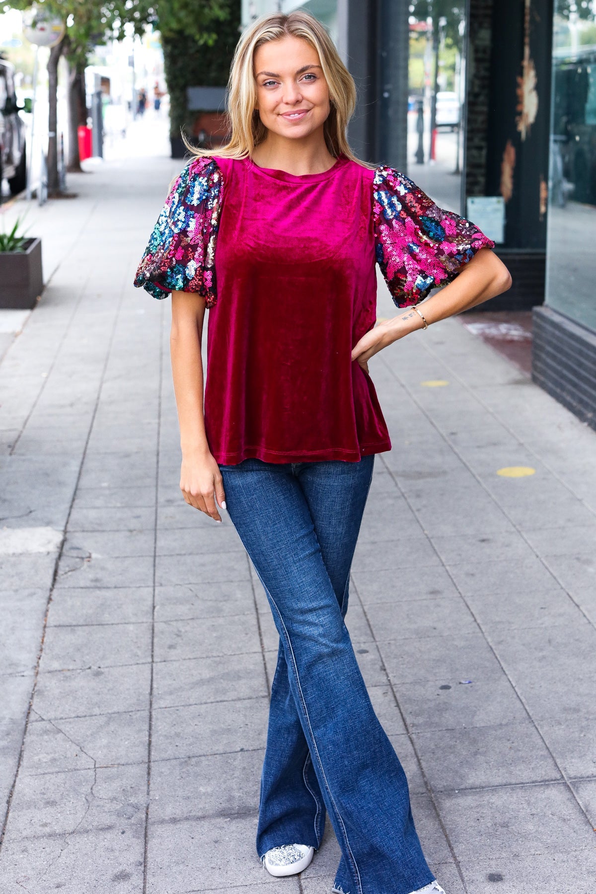 Wine Floral Sequin Puff Sleeve Velvet Top