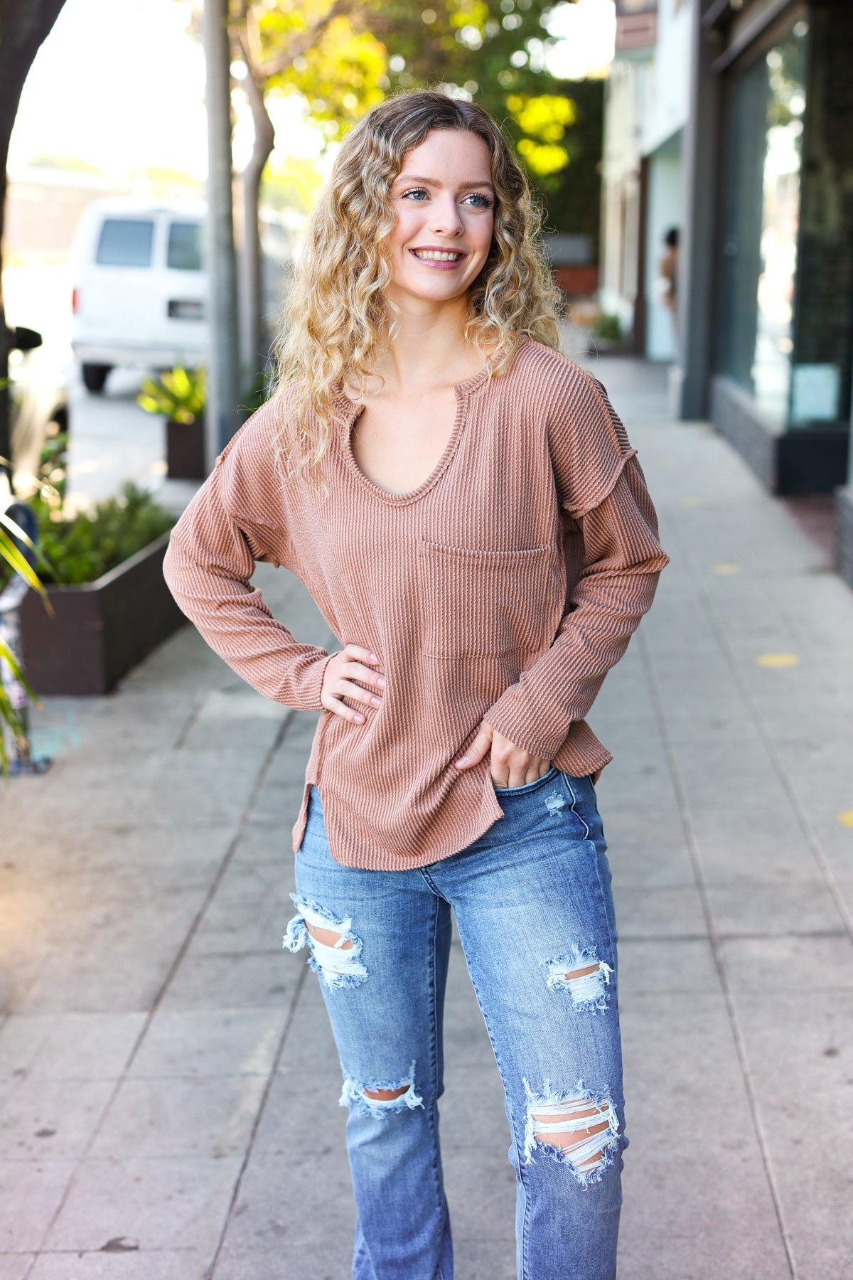 Camel Mineral Wash Rib Notch Neck Top