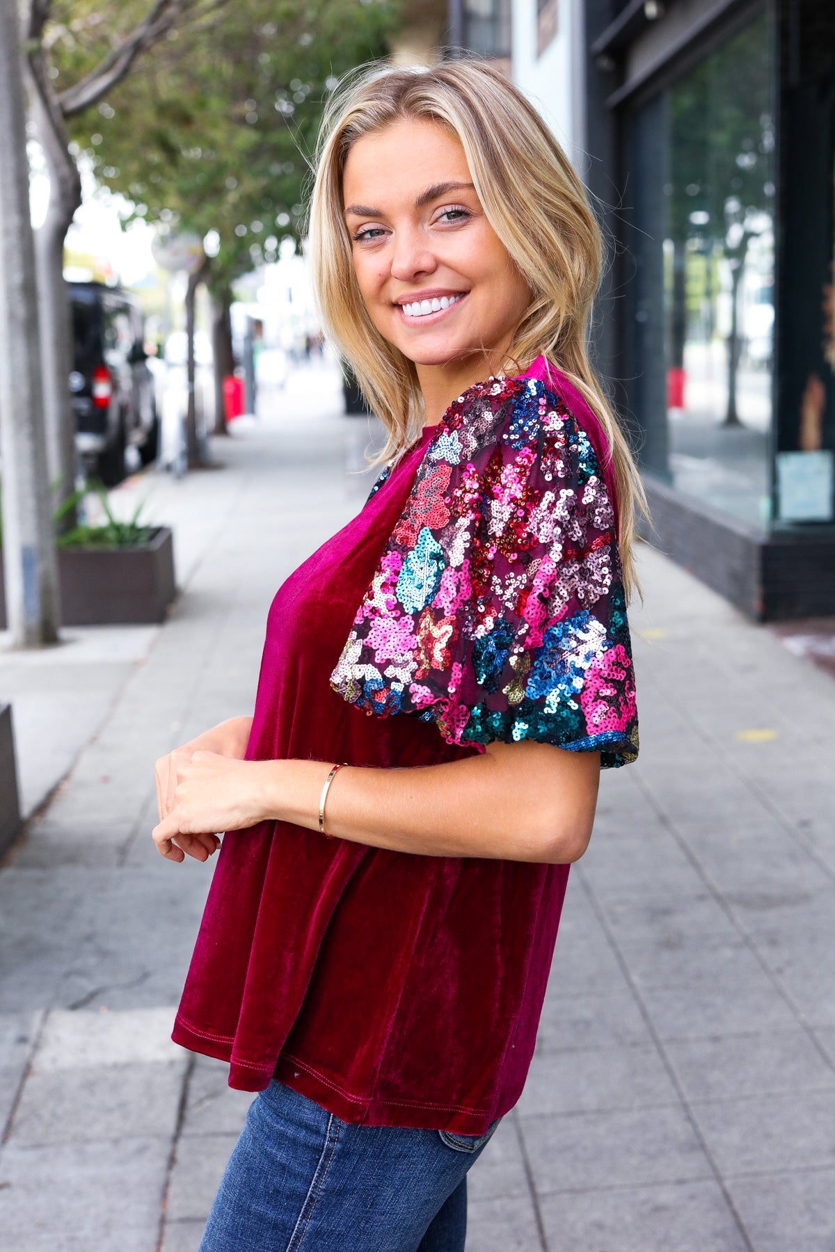 Wine Floral Sequin Puff Sleeve Velvet Top