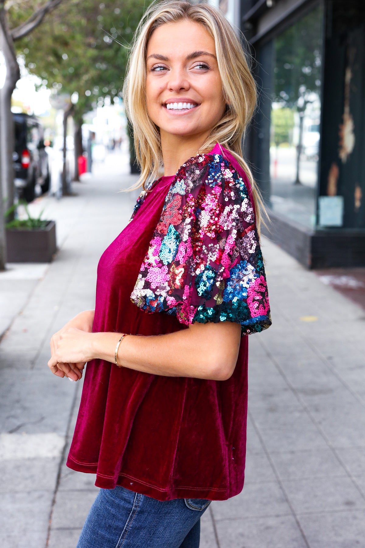 Wine Floral Sequin Puff Sleeve Velvet Top