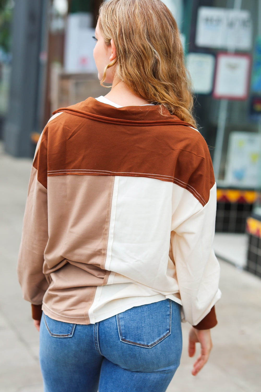Ivory/Taupe Color Block Button Down Pullover