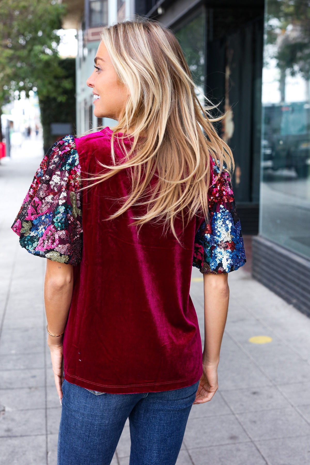 Wine Floral Sequin Puff Sleeve Velvet Top