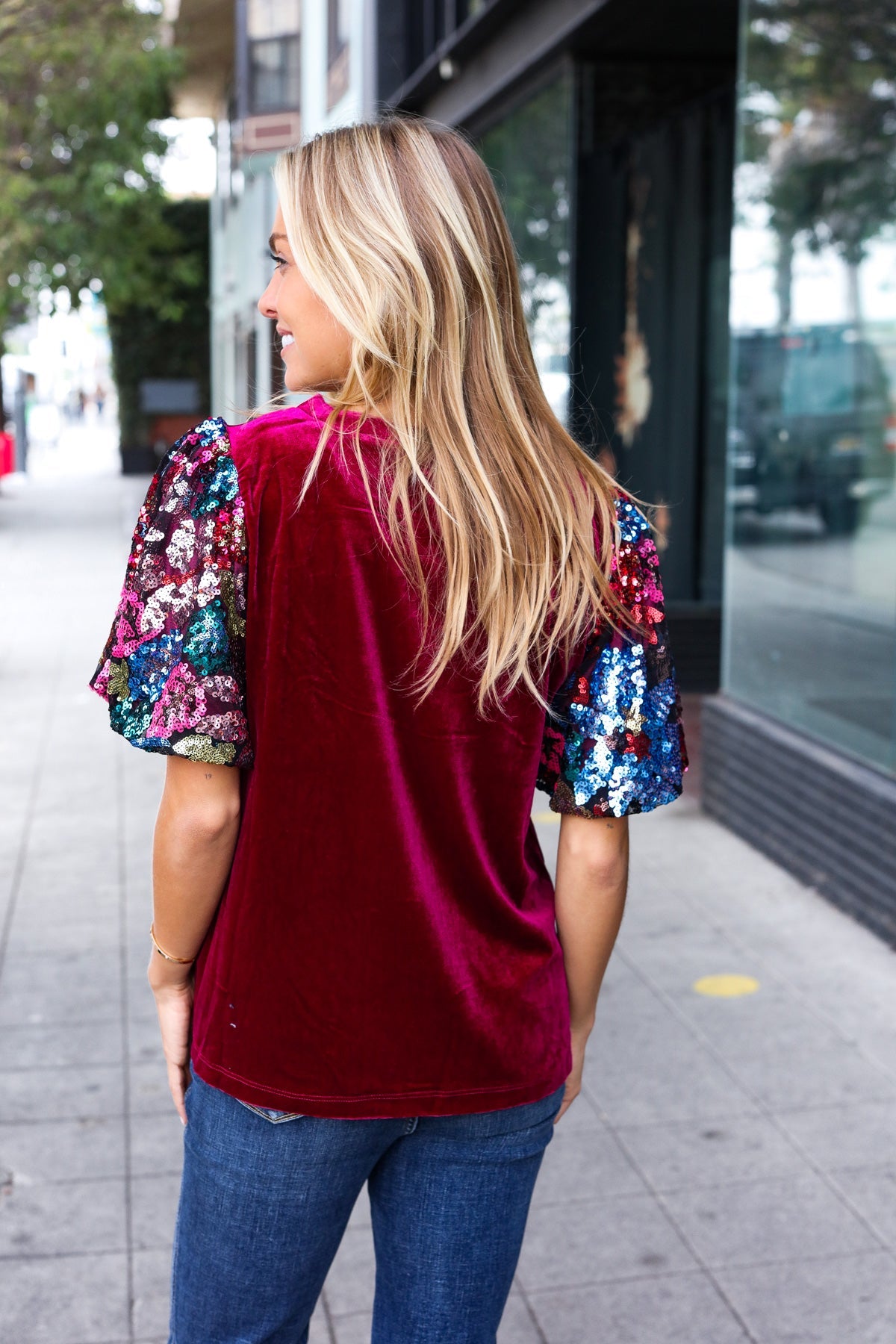 Wine Floral Sequin Puff Sleeve Velvet Top