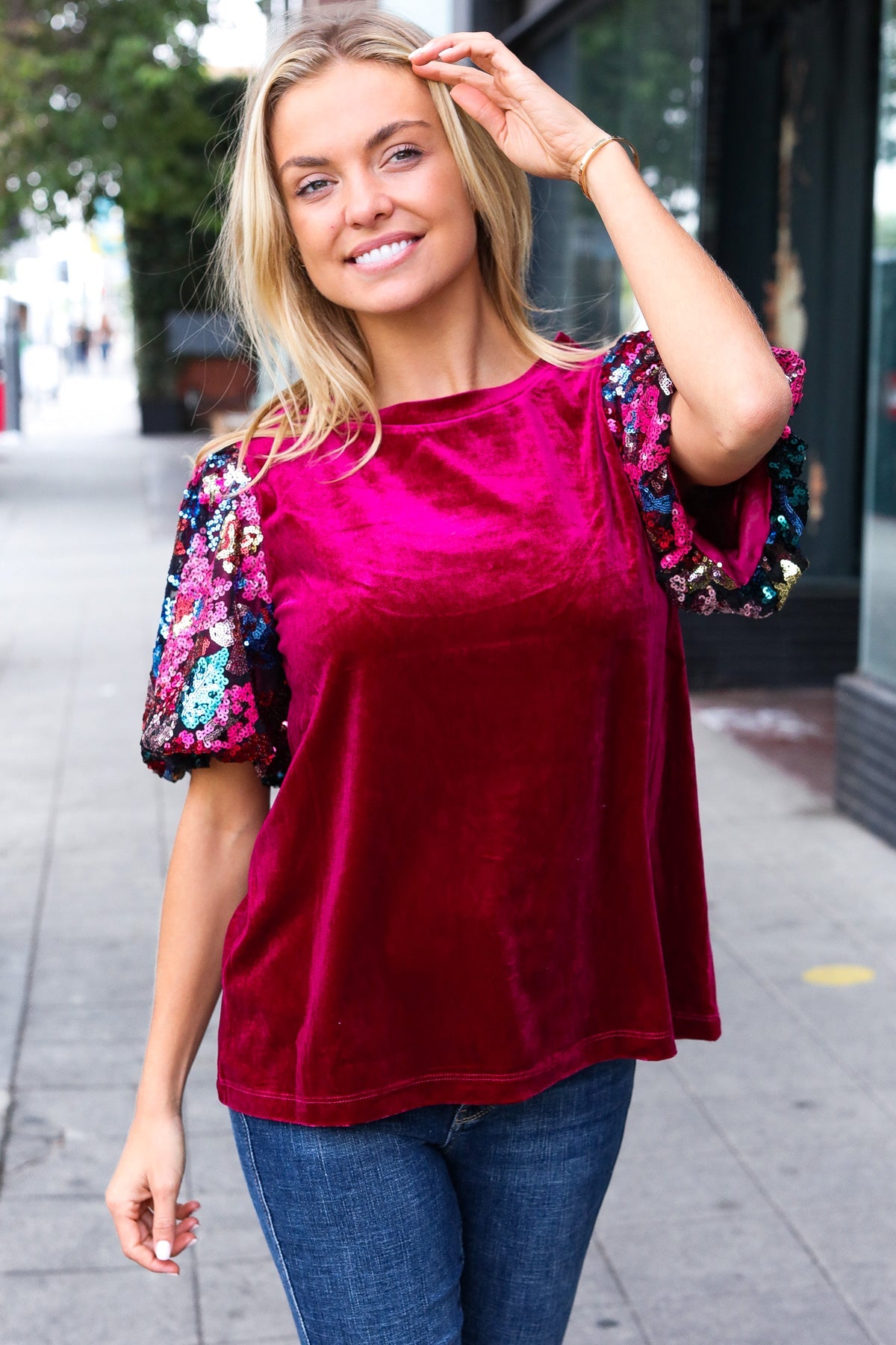 Wine Floral Sequin Puff Sleeve Velvet Top