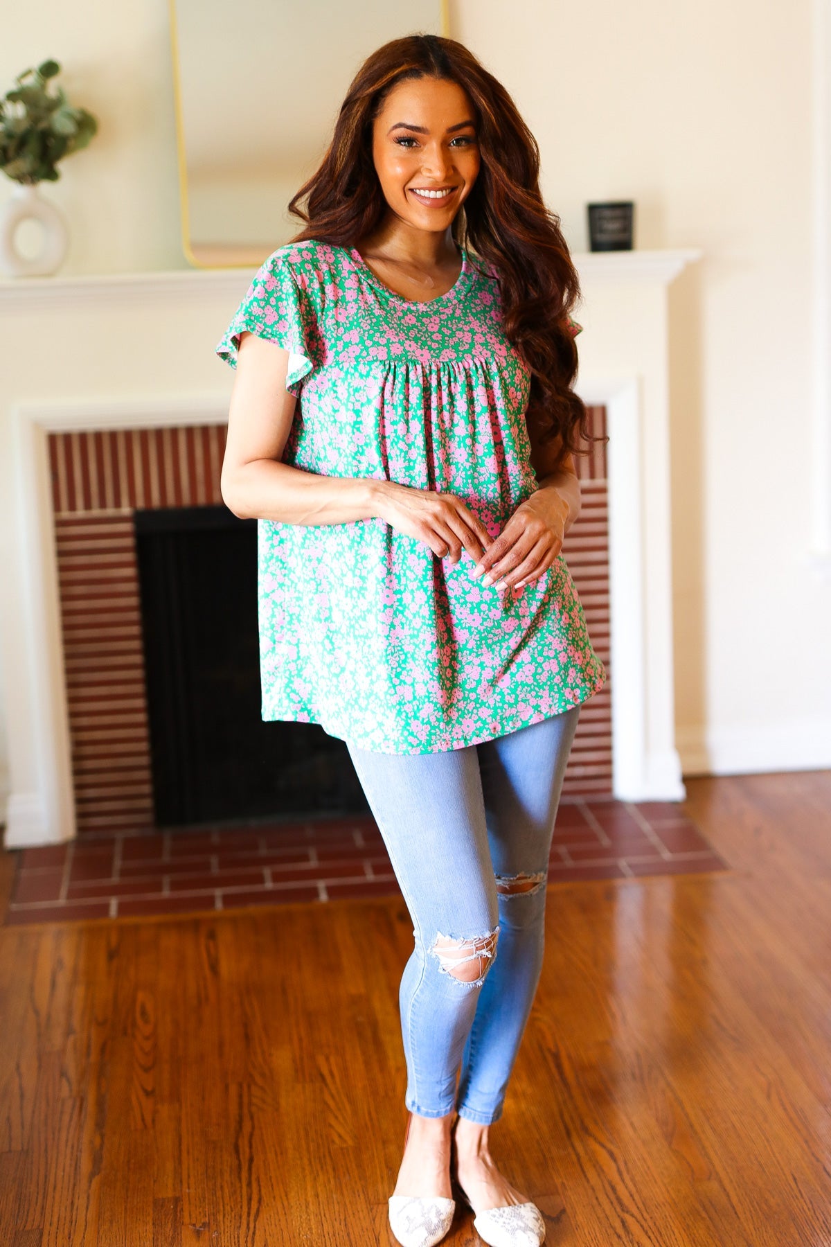 Green & Pink Floral Yoke Ruffle Short Sleeve Top