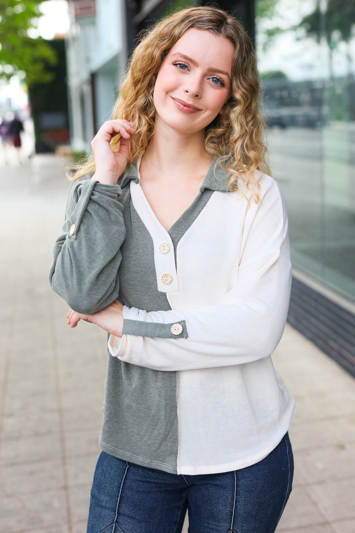 Olive Half & Half Collared Notched Neck Top