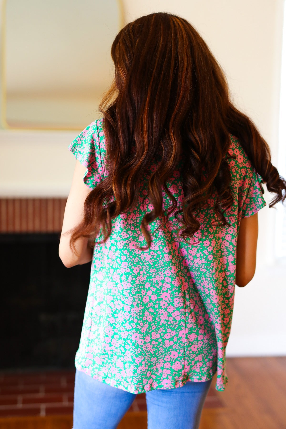 Green & Pink Floral Yoke Ruffle Short Sleeve Top