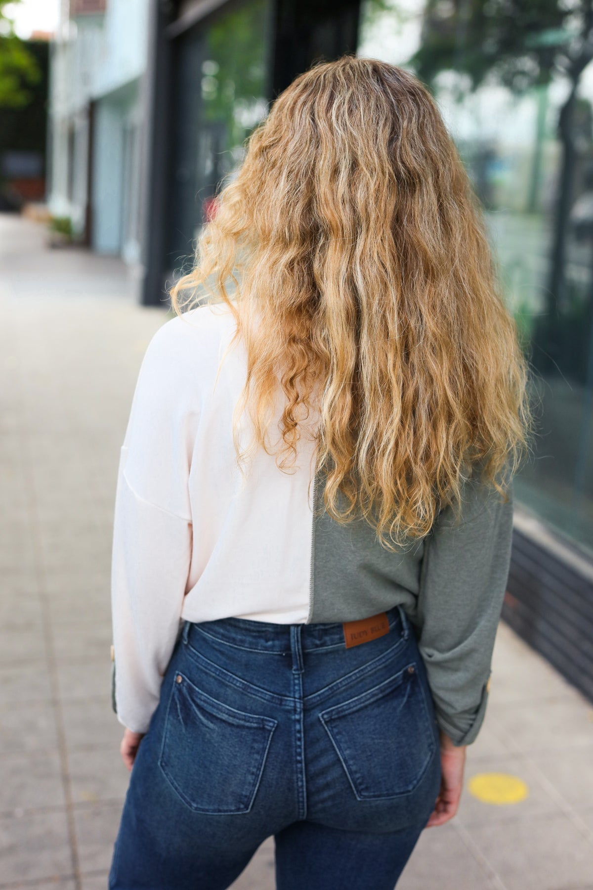 Olive Half & Half Collared Notched Neck Top