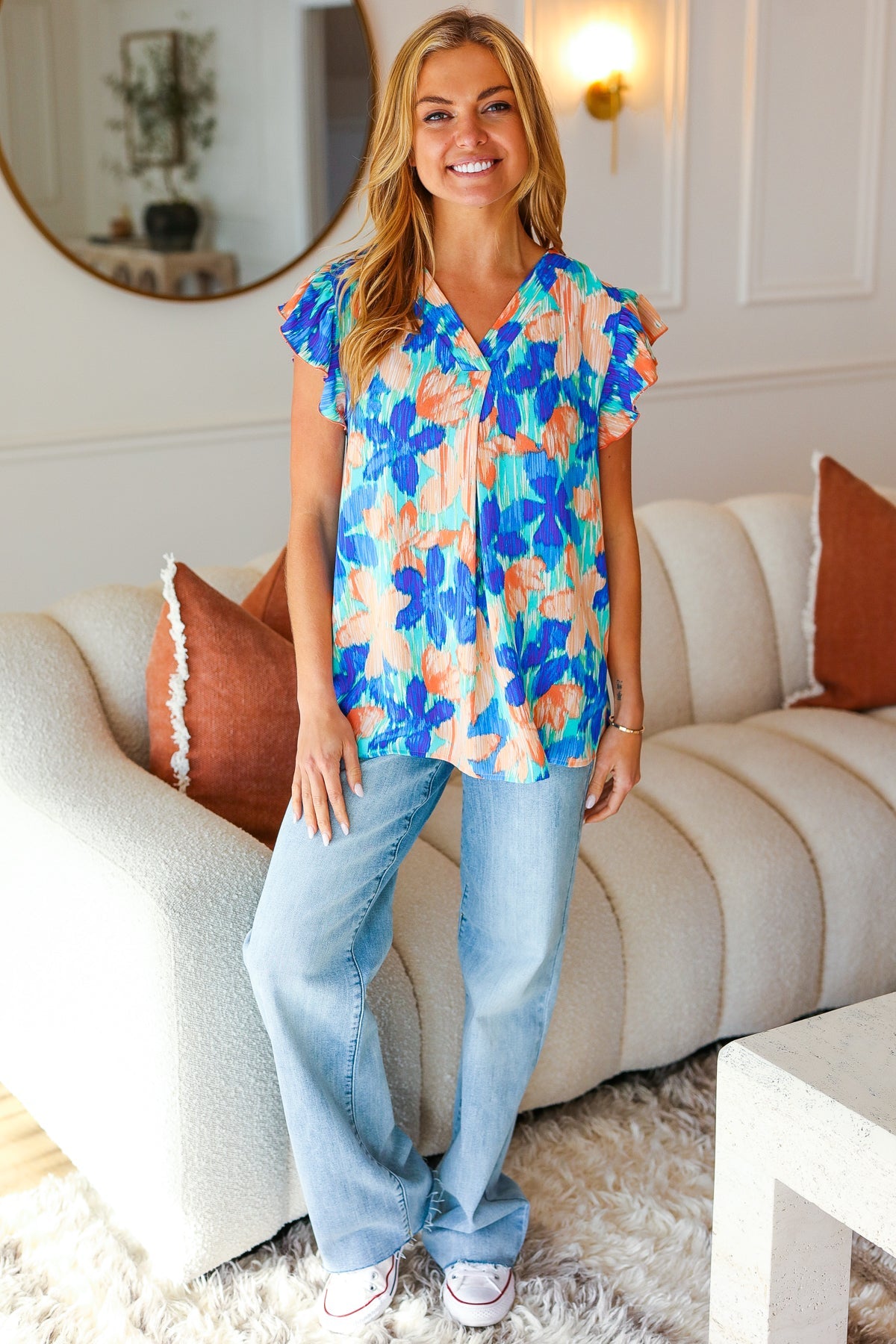 Turquoise Floral Banded V Neck Flutter Sleeve Top