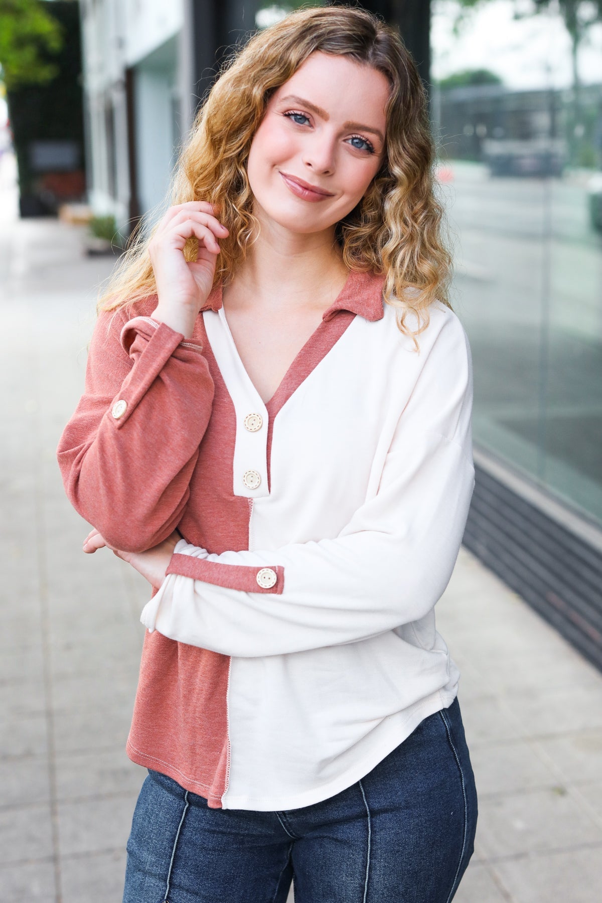 Rust Half & Half Collared Notched Neck Top