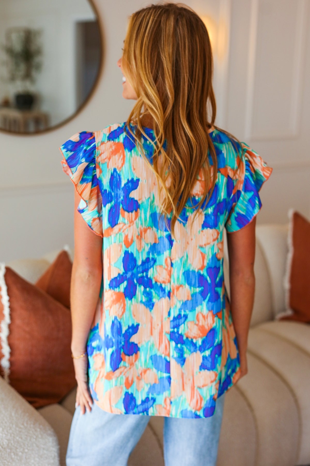 Turquoise Floral Banded V Neck Flutter Sleeve Top