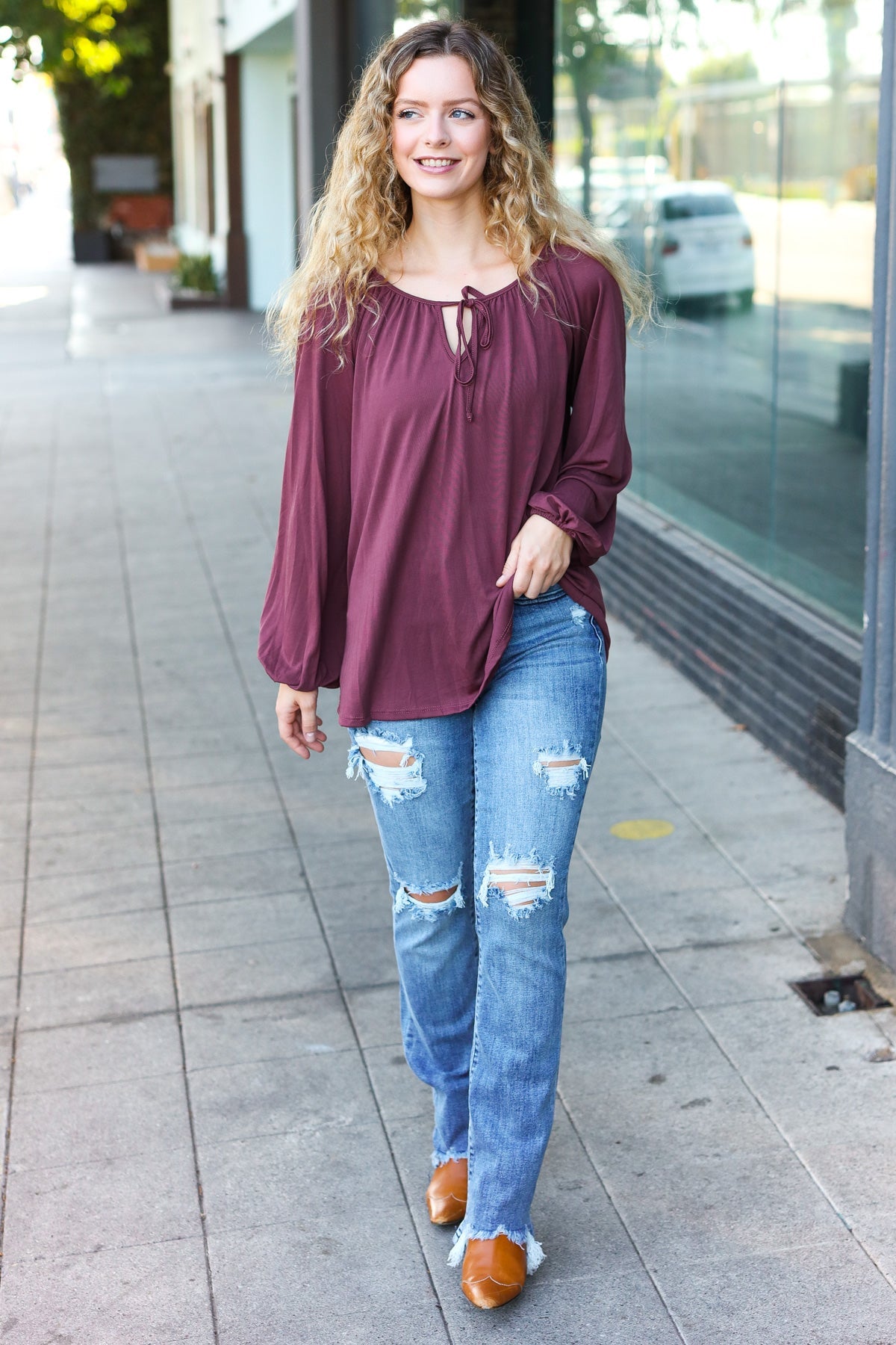 Wine Front Tie Modal Knit Peasant Top