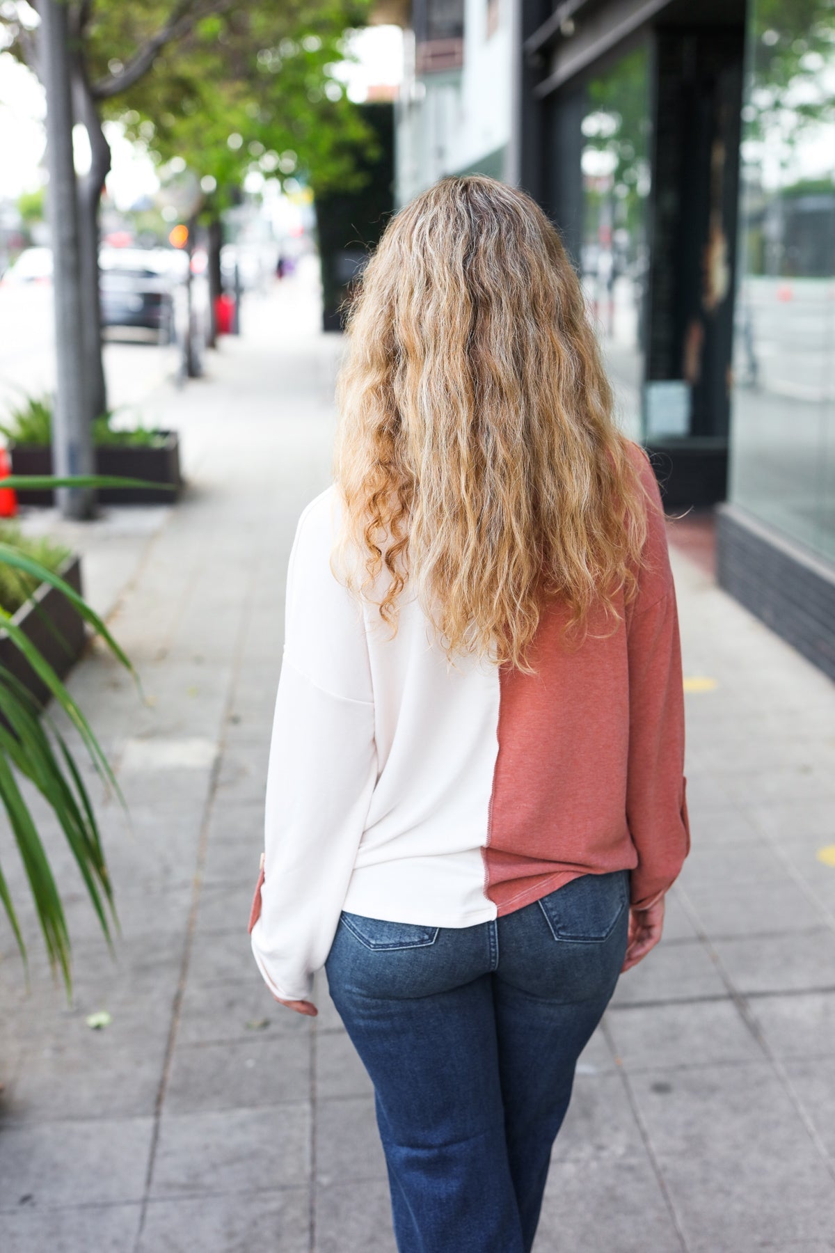 Rust Half & Half Collared Notched Neck Top