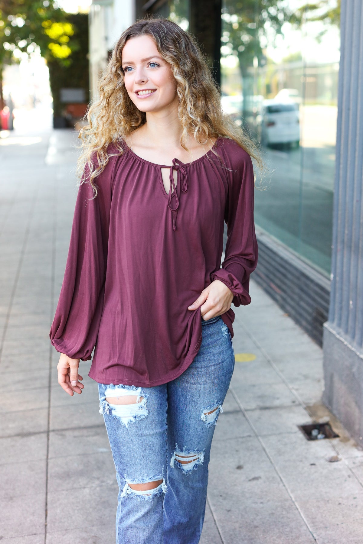 Wine Front Tie Modal Knit Peasant Top