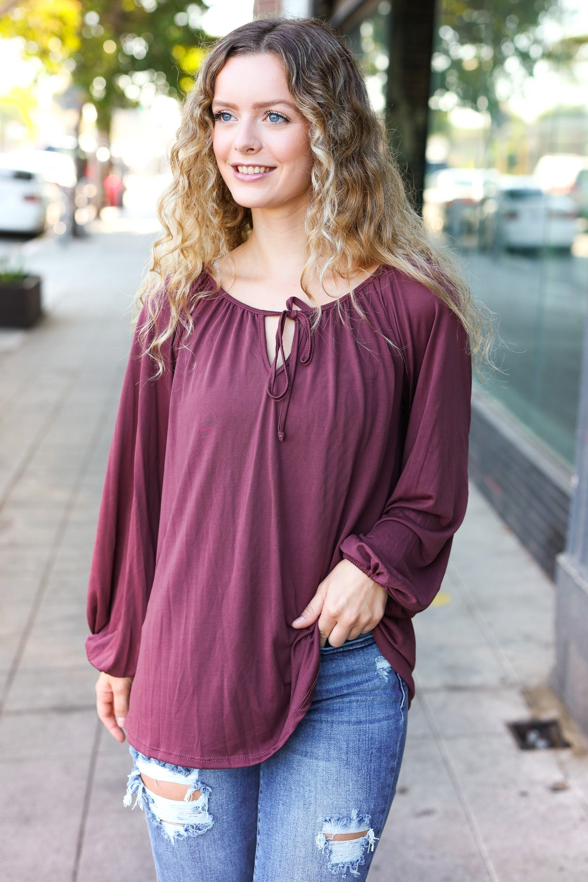 Wine Front Tie Modal Knit Peasant Top