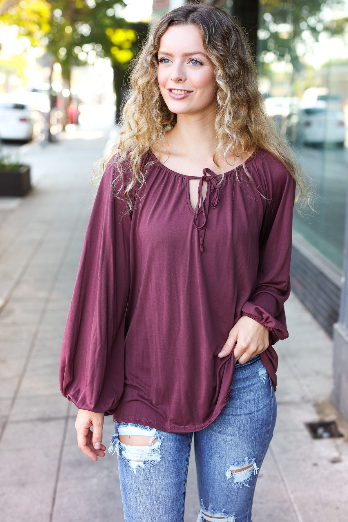 Wine Front Tie Modal Knit Peasant Top