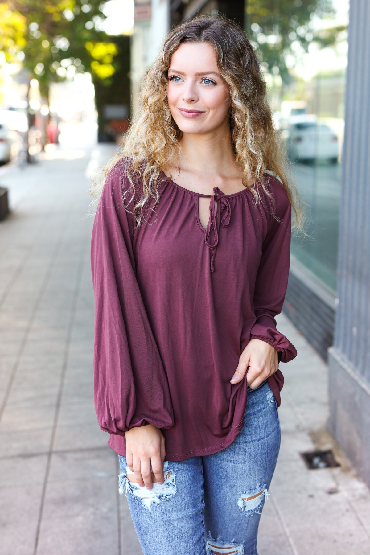 Wine Front Tie Modal Knit Peasant Top