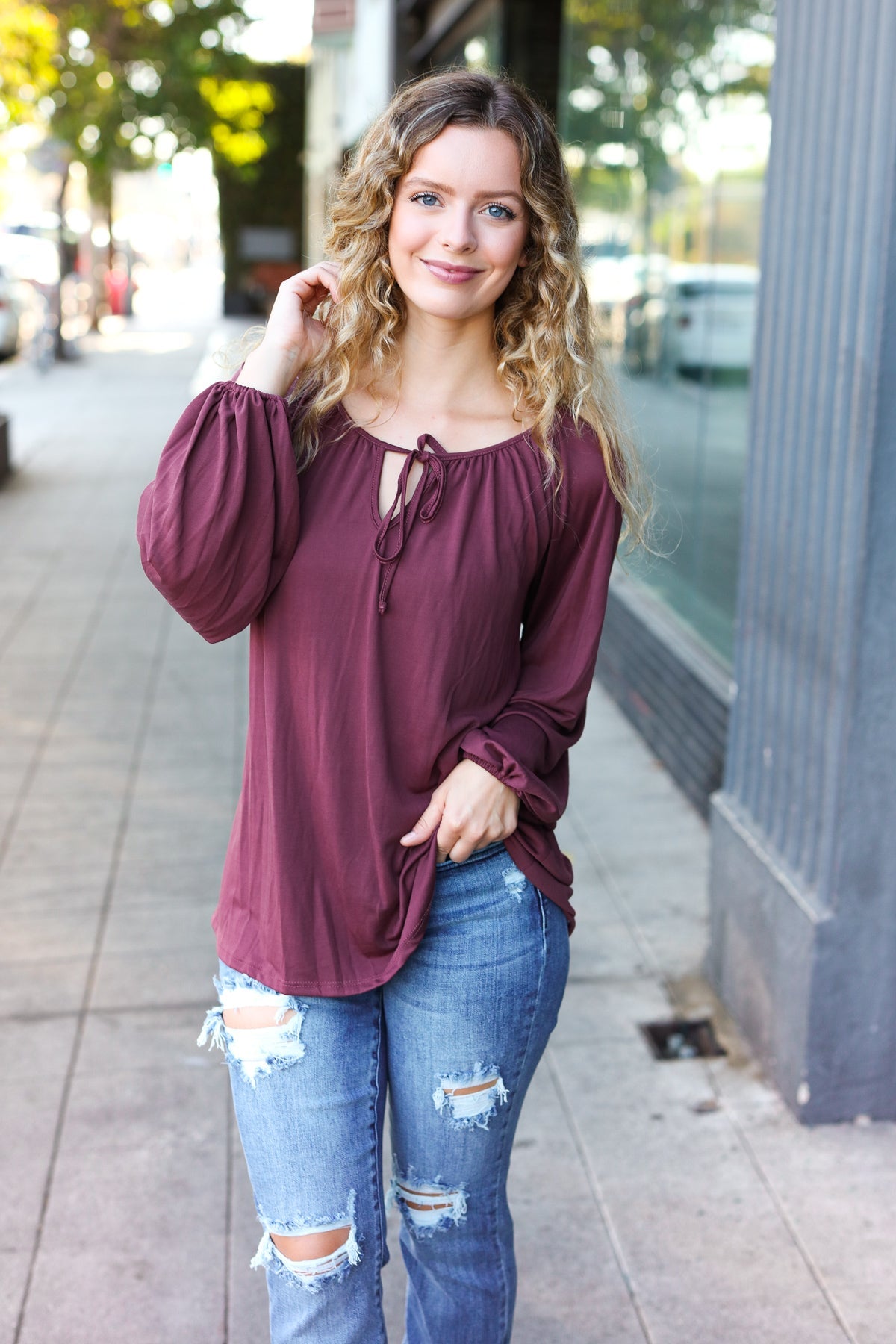 Wine Front Tie Modal Knit Peasant Top