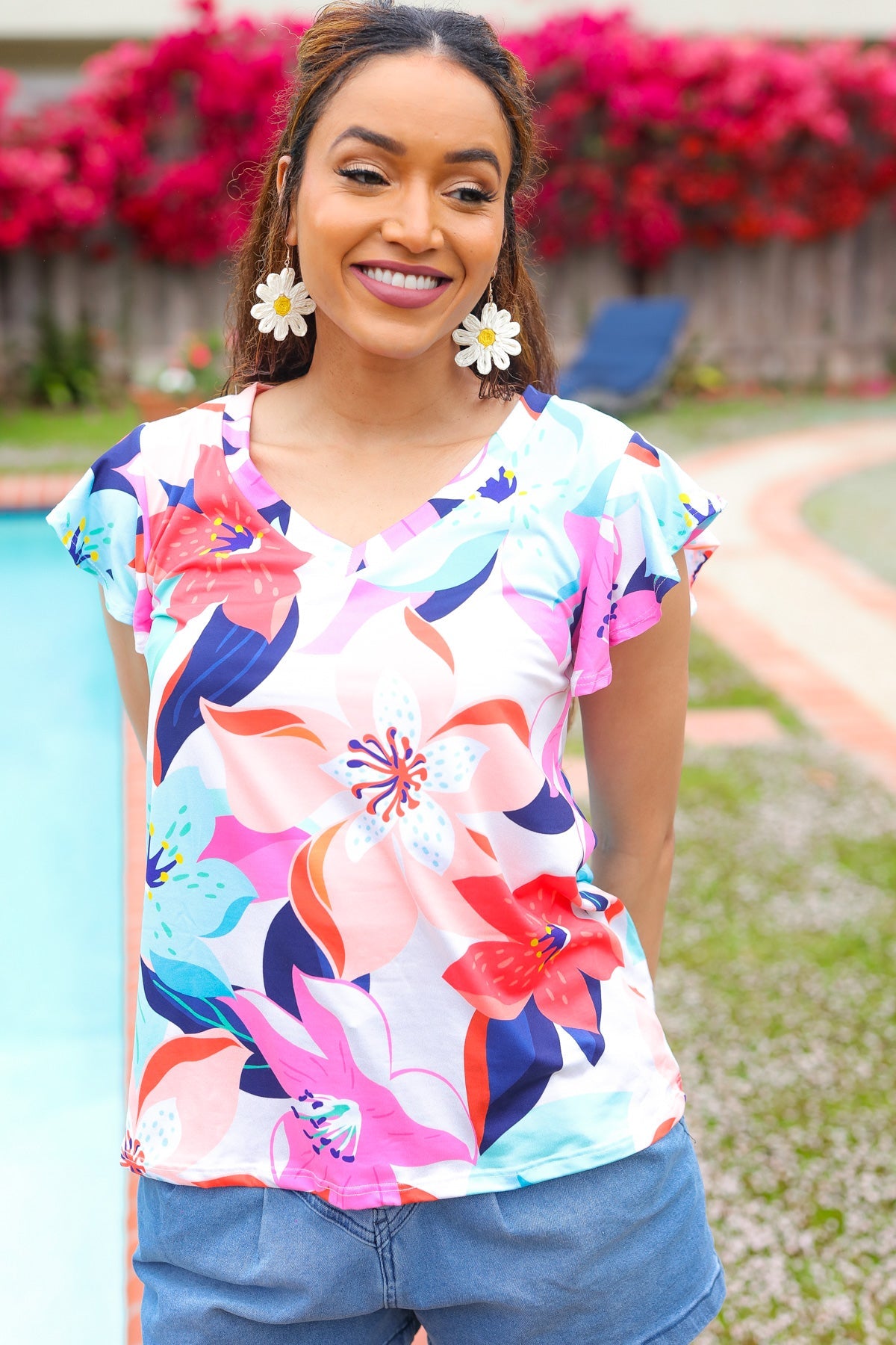 Coral Tropical Print Flutter Sleeve Top