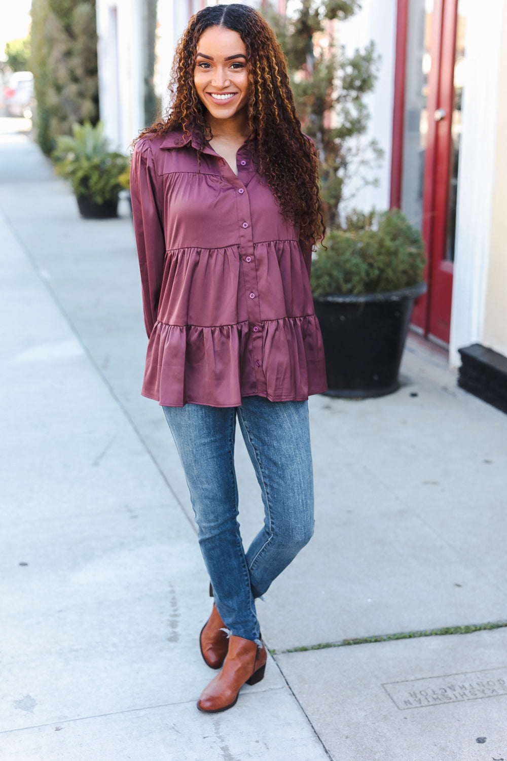 Burgundy Button Down Tiered Babydoll Satin Top