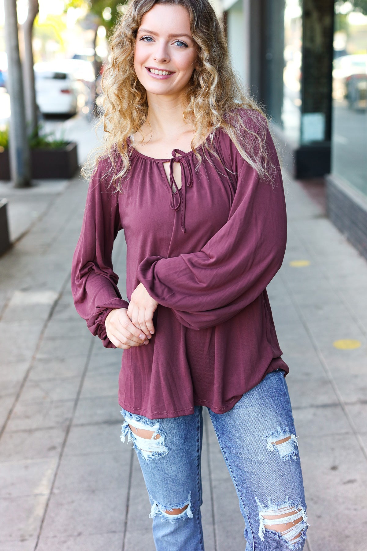 Wine Front Tie Modal Knit Peasant Top