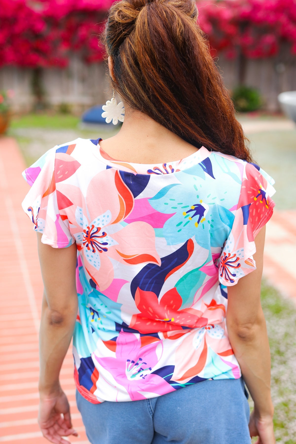 Coral Tropical Print Flutter Sleeve Top