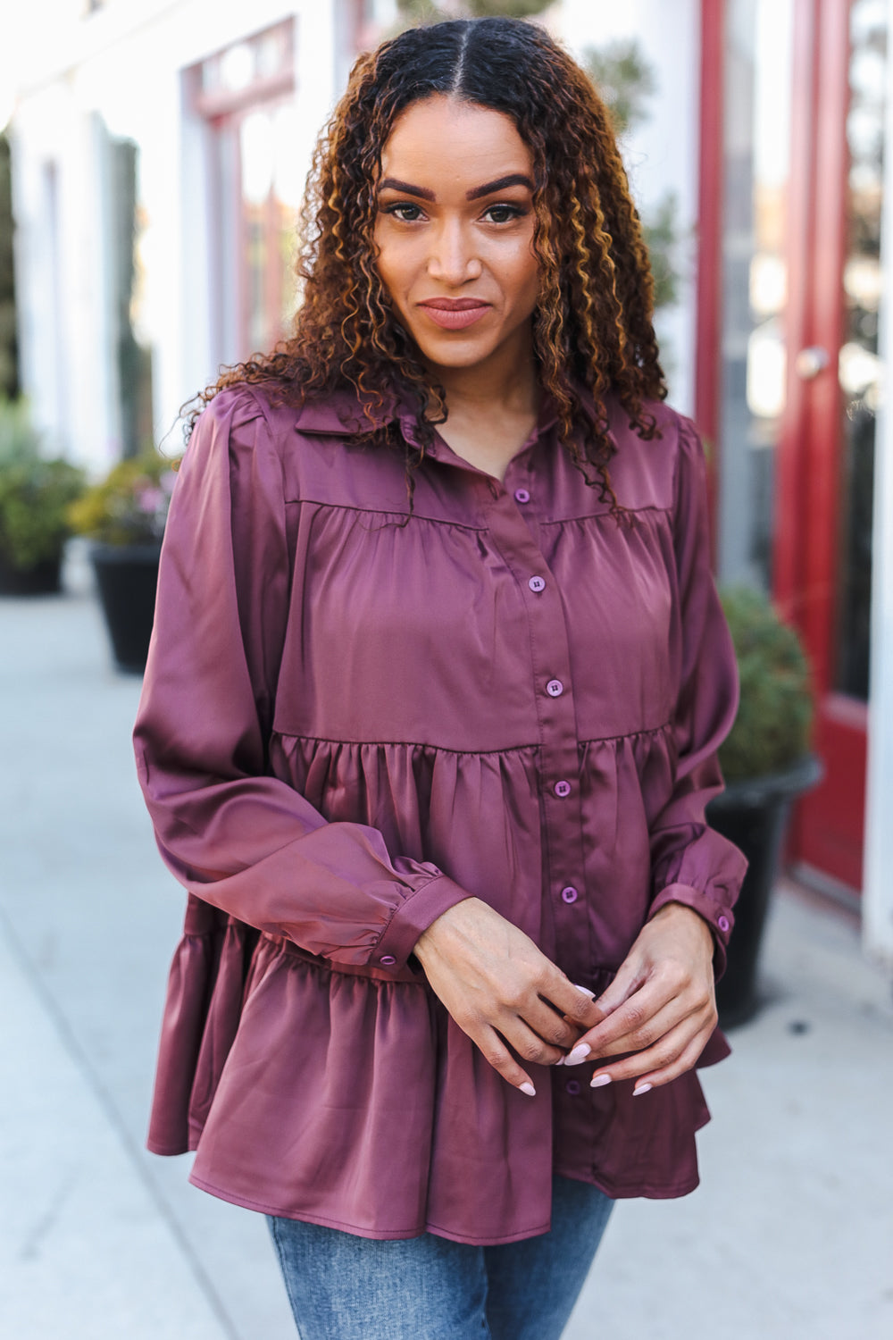 Burgundy Button Down Tiered Babydoll Satin Top