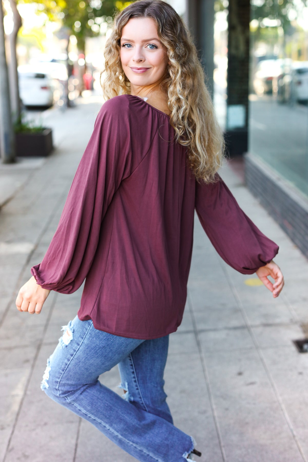 Wine Front Tie Modal Knit Peasant Top