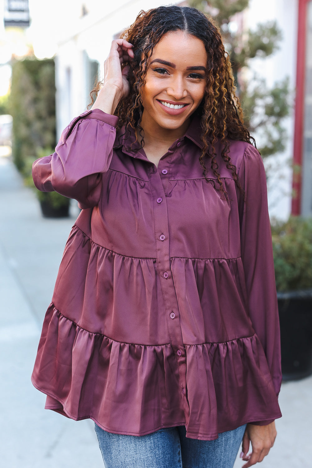 Burgundy Button Down Tiered Babydoll Satin Top