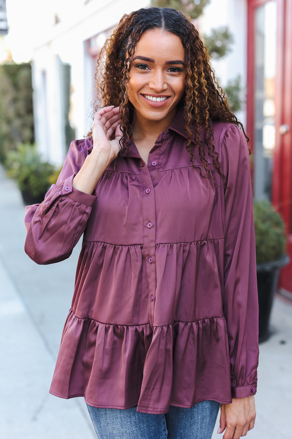 Burgundy Button Down Tiered Babydoll Satin Top