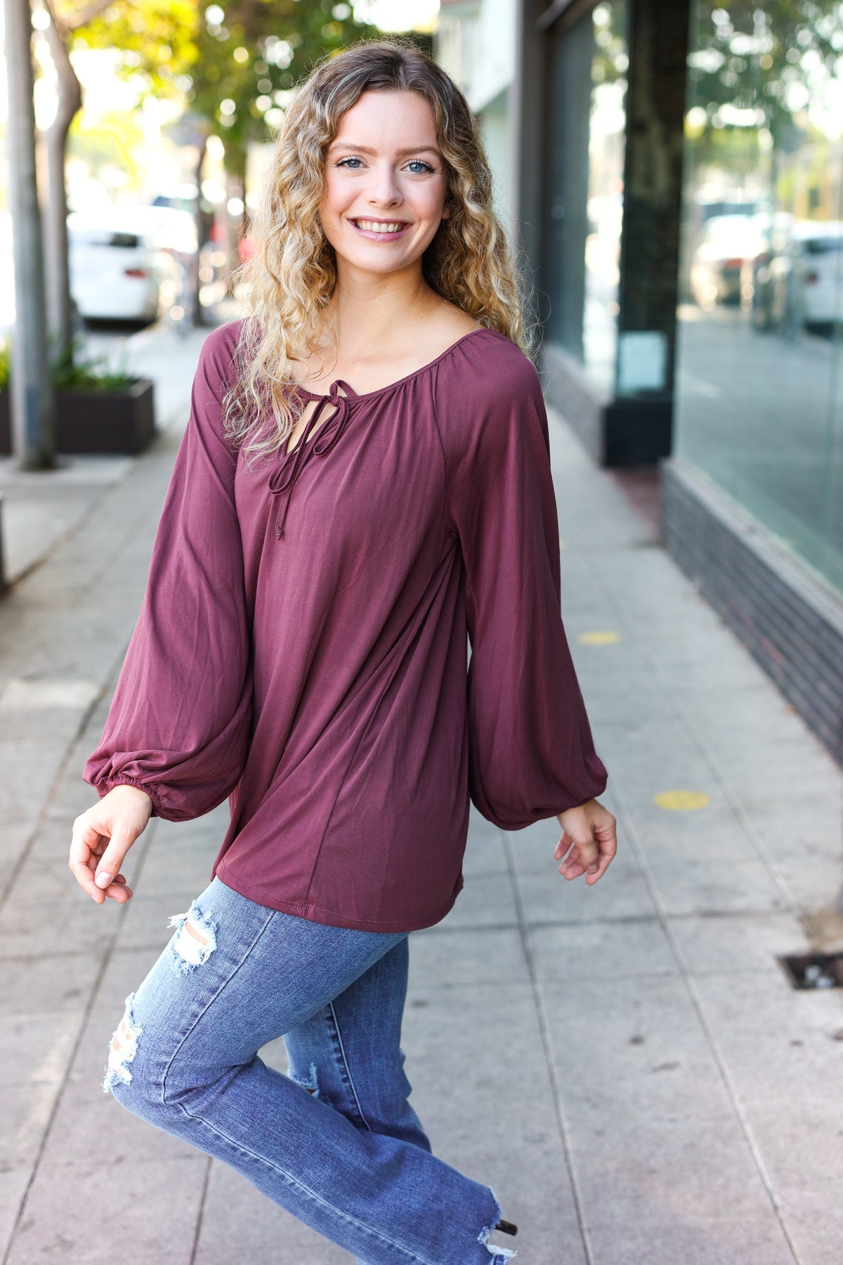 Wine Front Tie Modal Knit Peasant Top