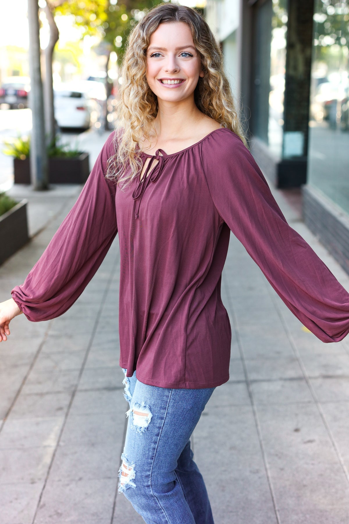 Wine Front Tie Modal Knit Peasant Top