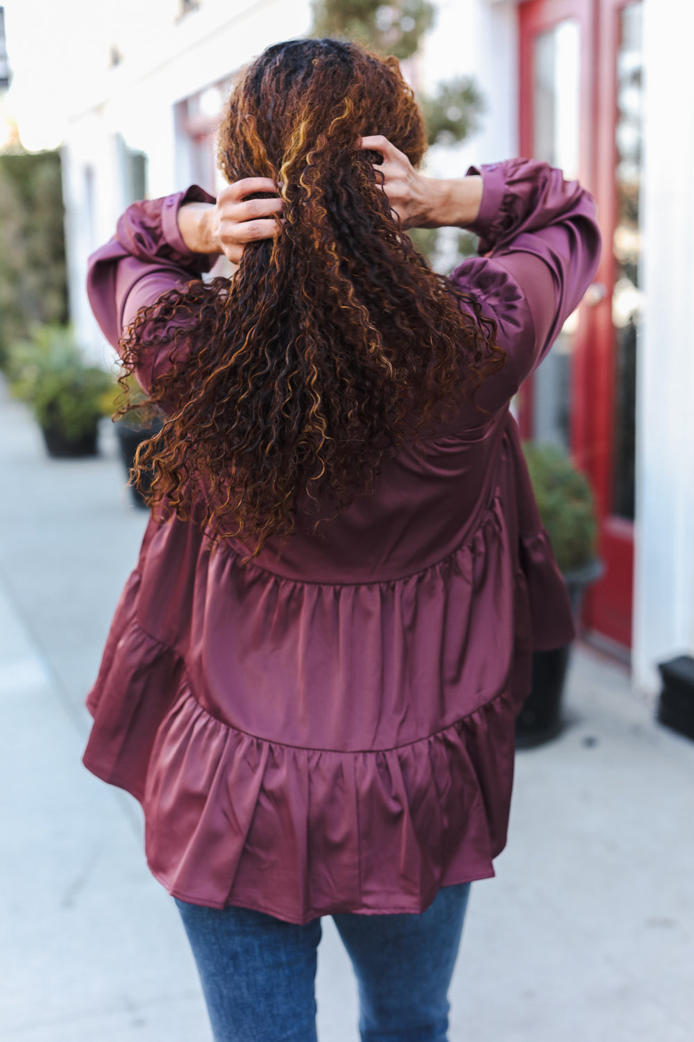 Burgundy Button Down Tiered Babydoll Satin Top