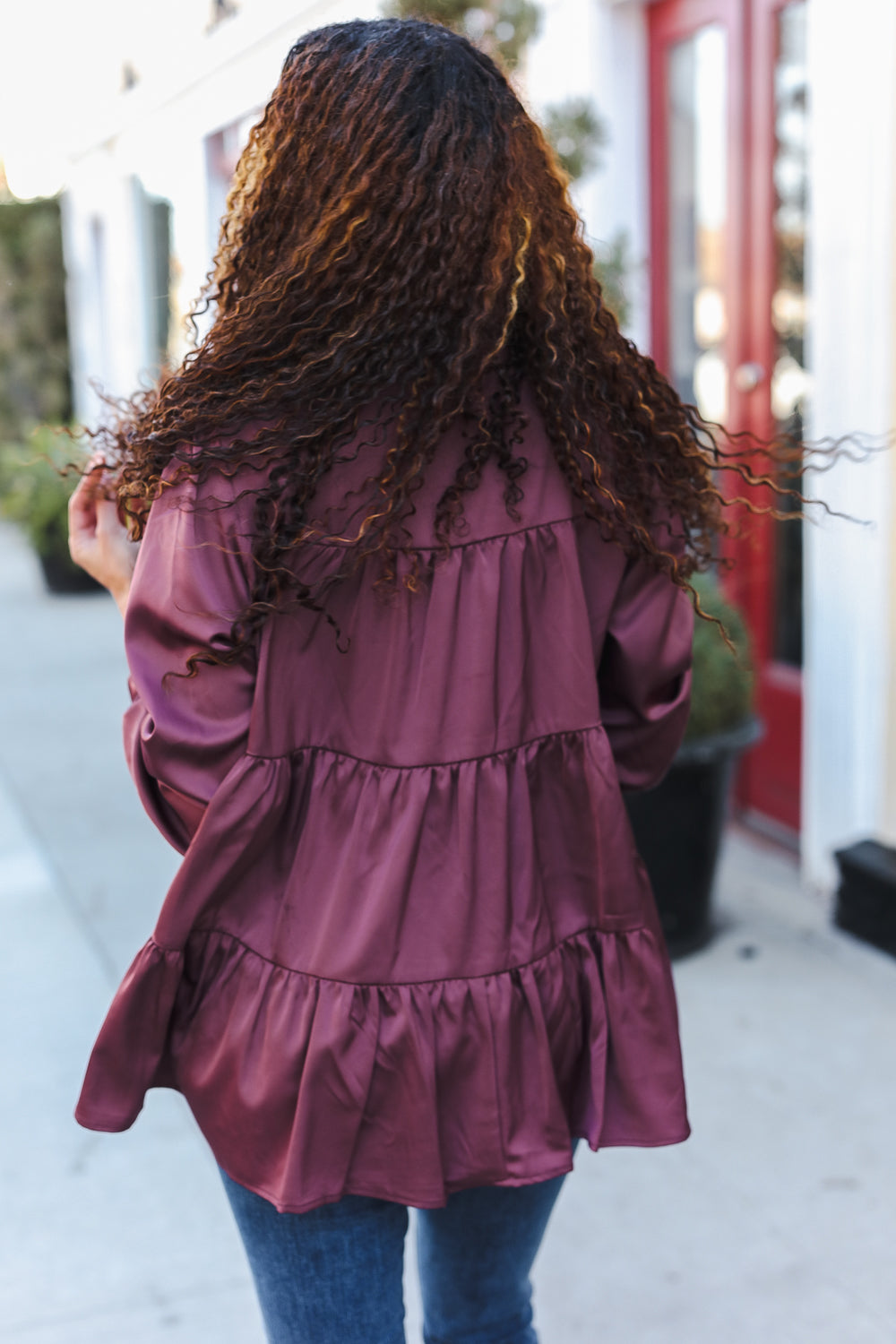 Burgundy Button Down Tiered Babydoll Satin Top