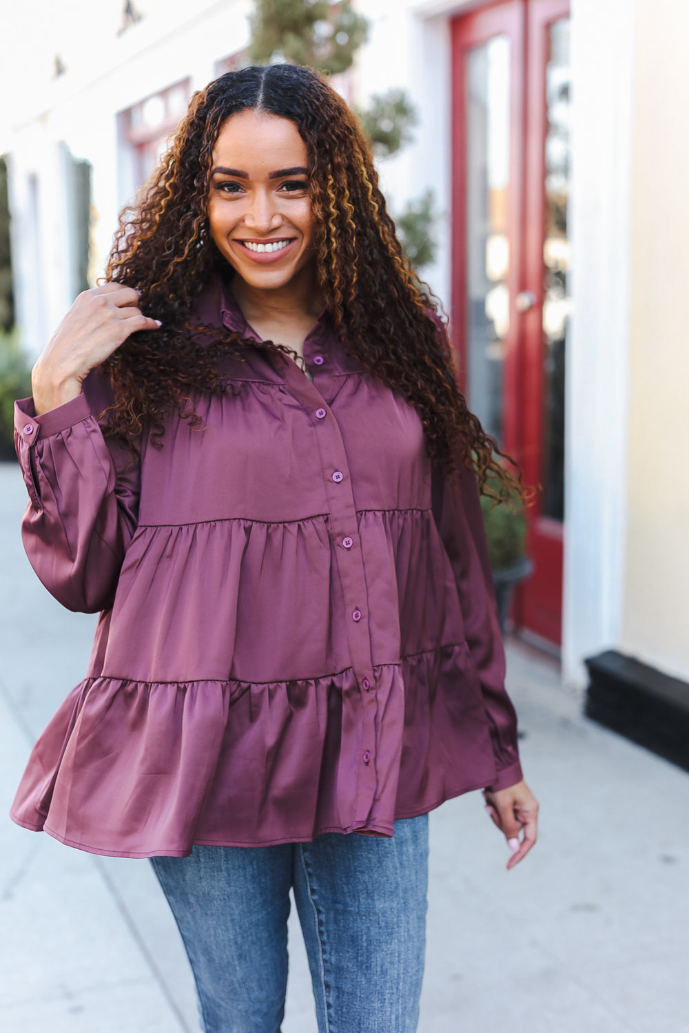 Burgundy Button Down Tiered Babydoll Satin Top