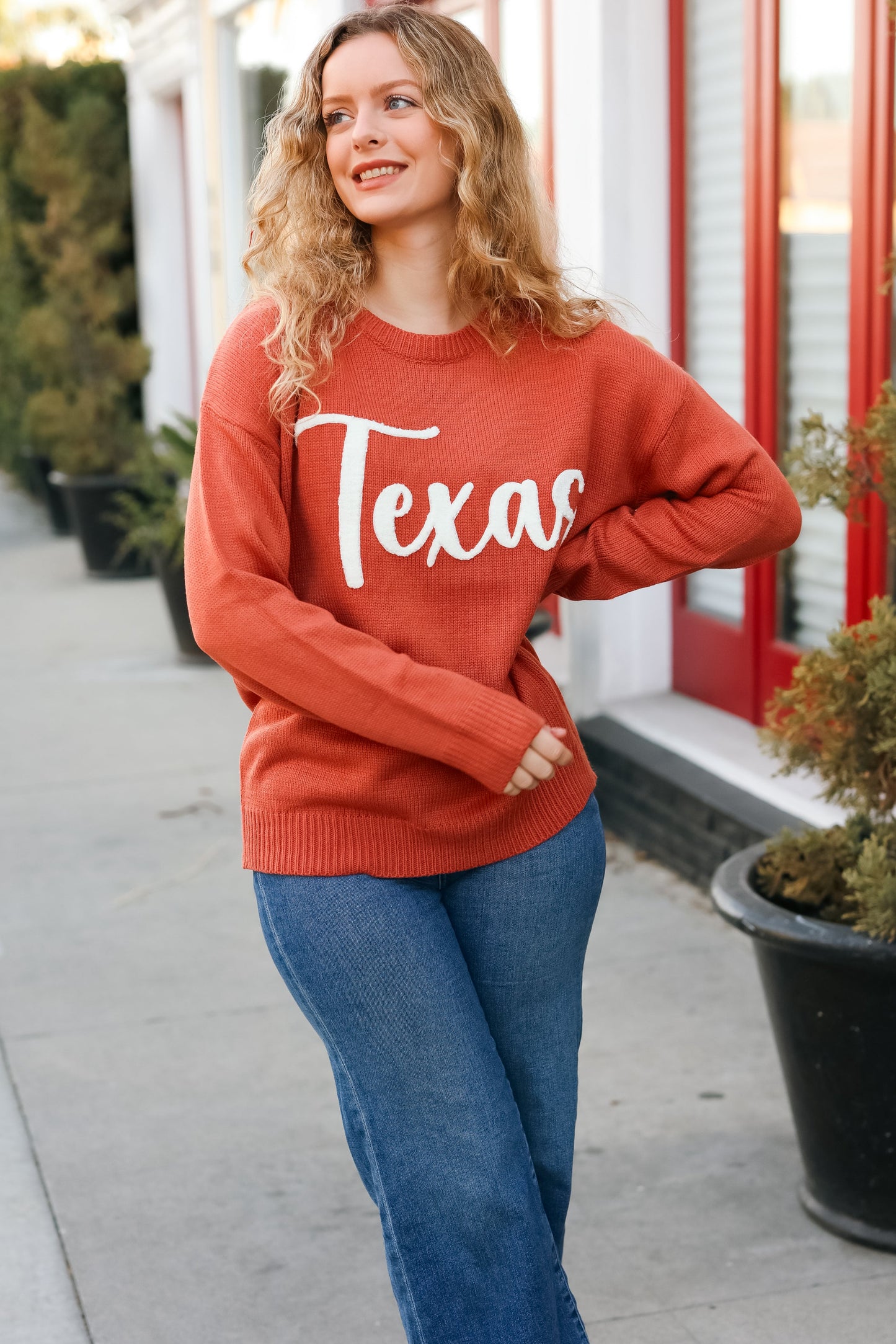 Burnt Orange "Texas" Embroidery Pop Up Sweater